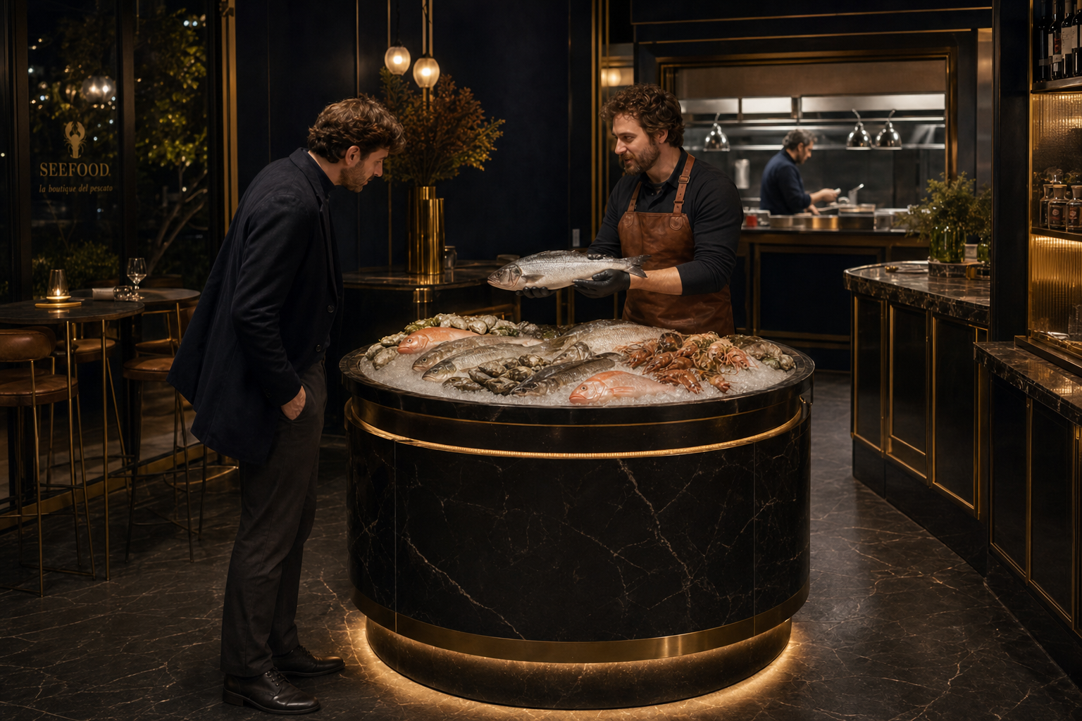 Commerciale e cliente al banco pesce circolare al centro sala