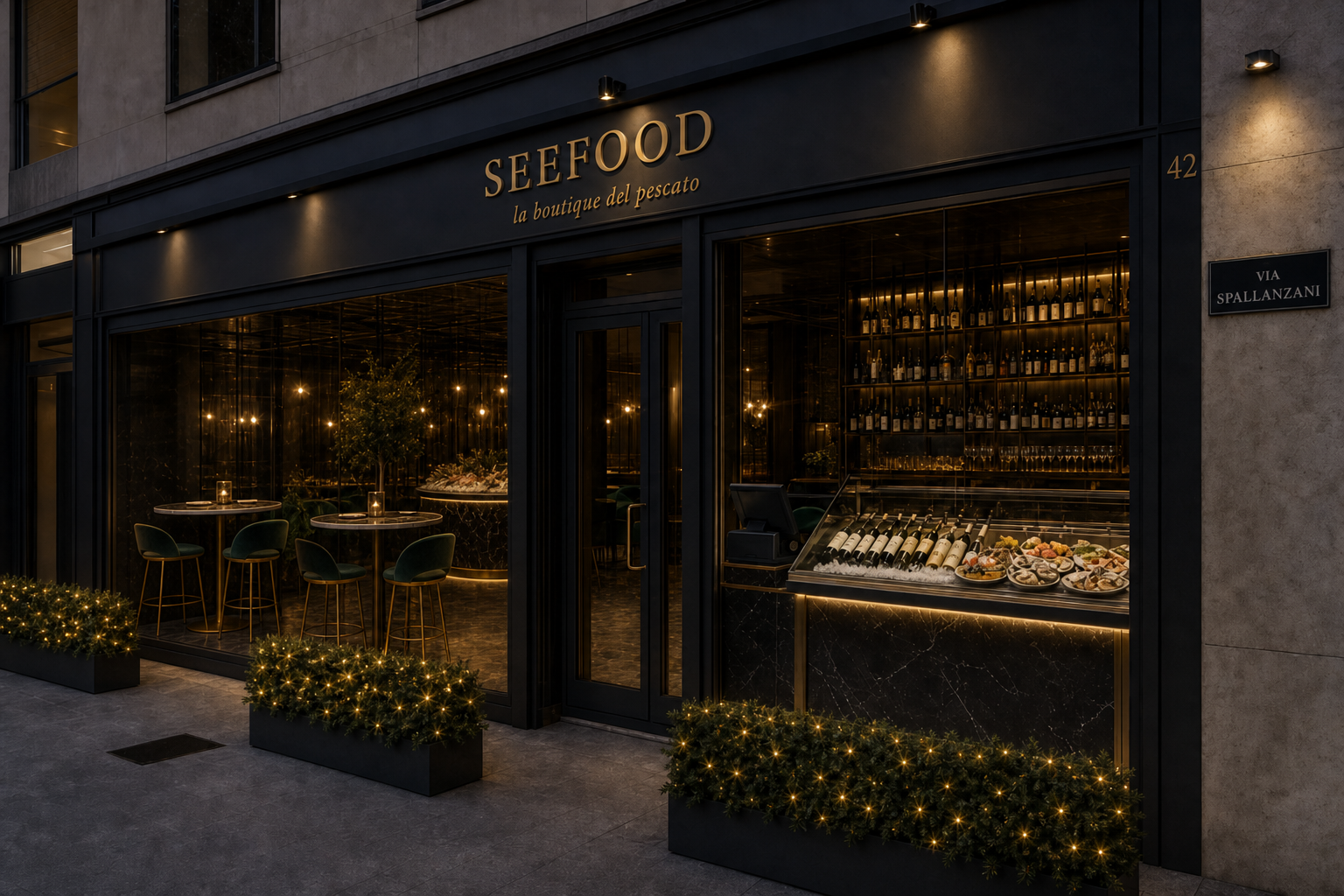 Facciata SEEFOOD: vetrina sx con tavolini alti, vetrina dx vini/piatti, banco circolare in sala