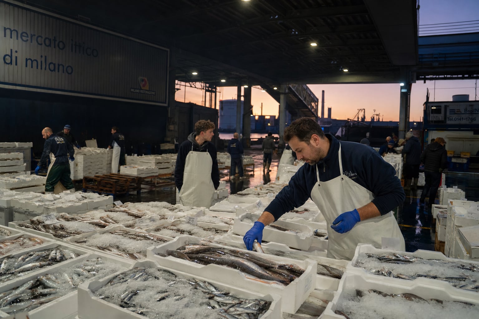 Selezione pesce al Mercato Ittico Milano all'alba
