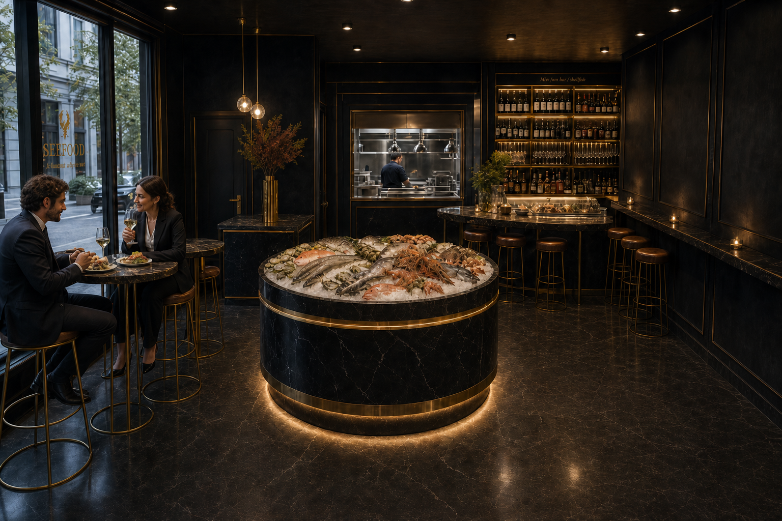 Power lunch: tavolini alti in vetrina, banco pesce circolare al centro, raw bar e pass cucina